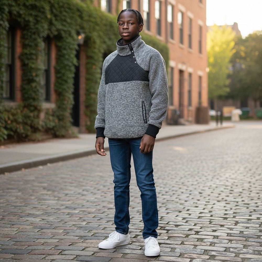Abercrombie & Fitch Fleece Men M Grey Snap Neck Sherpa Quilted Mixed Media 0318‎